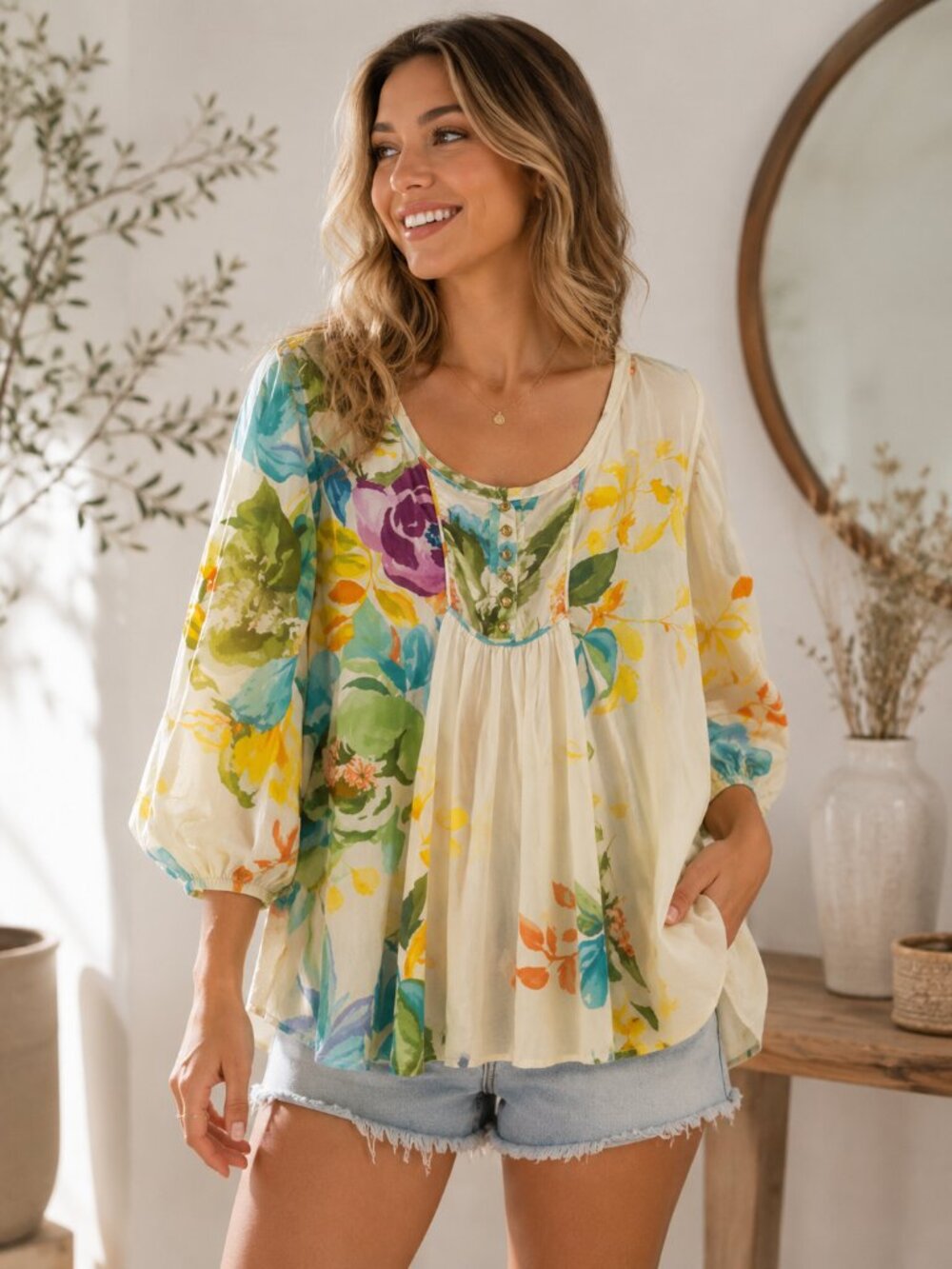 Patterson J Kincaid PJK Watercolor Floral Boho Peasant Blouse Top S